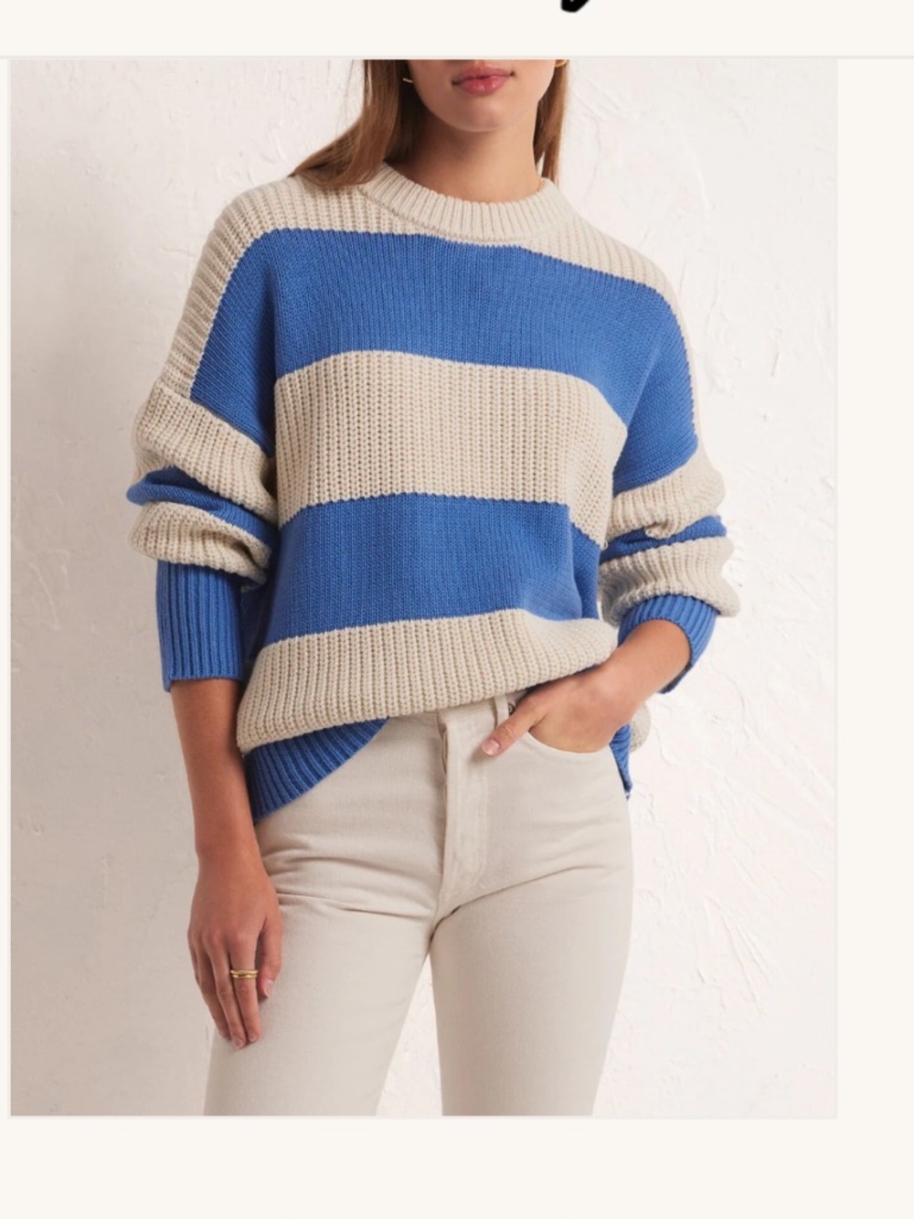 Z Supply Fresca Stripe Sweater Blue Ivory Chunky Knit XS Coastal Chic Nautical